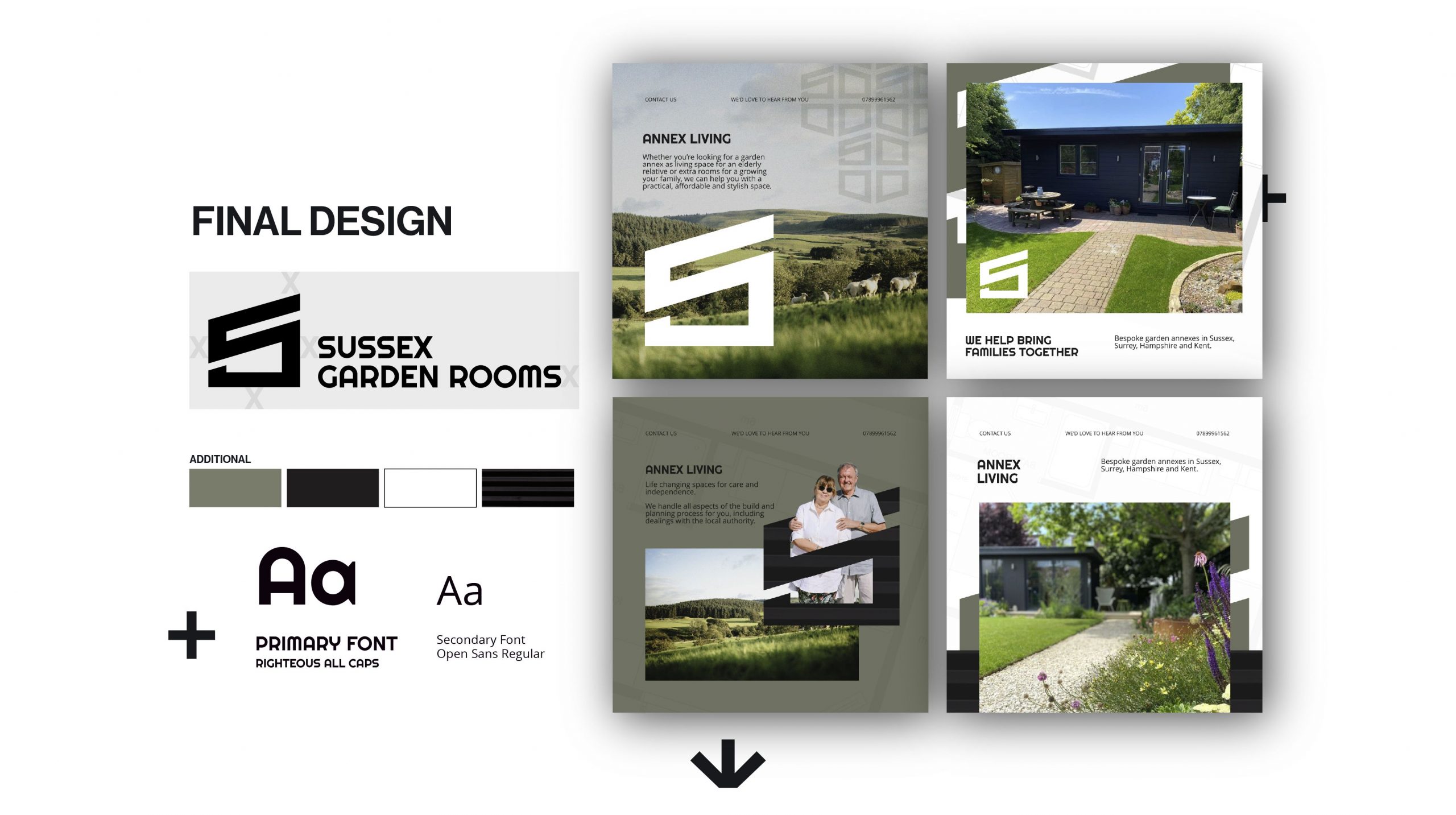 Sussex Garden Rooms mini brand guide showing logo lockups, SGR wordmark and icon variations